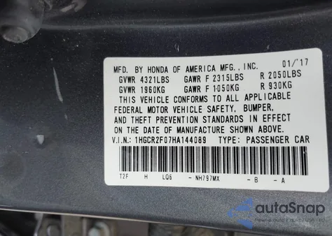 2017 Honda Accord Ex z USA, uszkodzony, nr VIN 1HGCR2F07HA144089